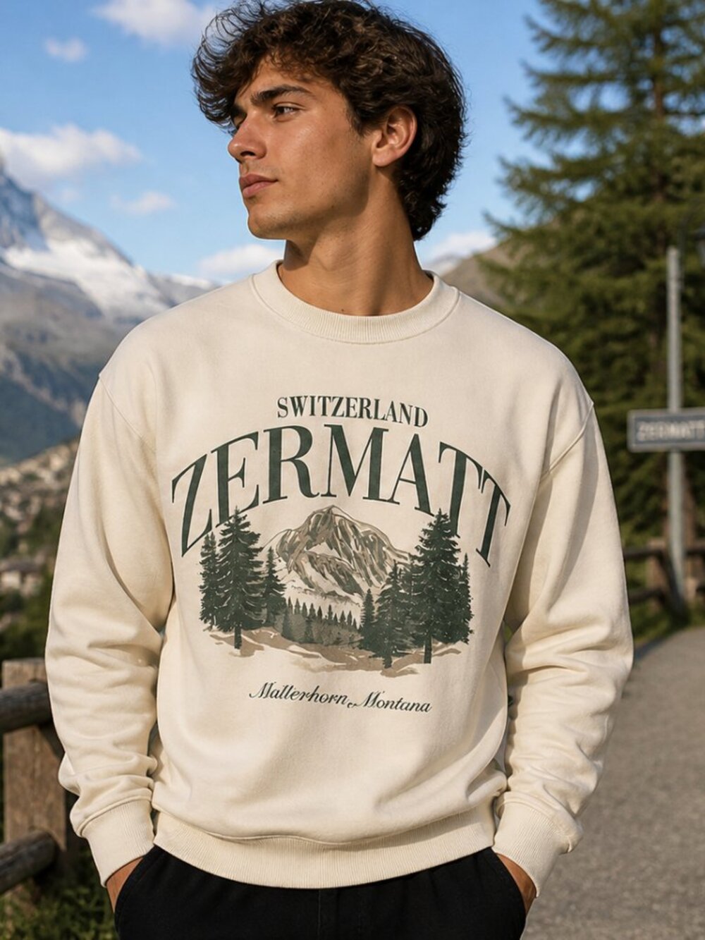 Hollister Switzerland Graphic Sweatshirt Men’s Medium Cream Crewneck Relaxed Fit